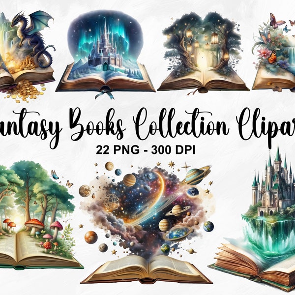 Watercolor Fantasy Books Collection Clipart, 22 PNG Book Bundle, Open Book Clipart, Magic Book, Vintage Book Library Clipart, Commercial Use