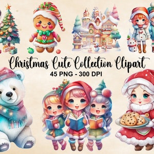 Clipart de coleção fofa de Natal em aquarela, 45 PNG clipart de Natal, elementos de Natal PNG, clipart fofo de Natal, uso comercial