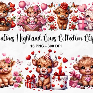 水彩バレンタイン ハイランド牛コレクション クリップアート、16 PNG バレンタインデー クリップアート、誕生日ハイランド牛、ハイランド牛、商用利用