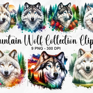 Watercolor Mountain Wolf Collection Clipart, 9 PNG Polar Wolf Clipart, Artic Wolf Clipart, Mountain Range, Watercolor Wolf, Commercial Use