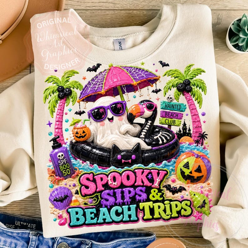 May include: Cream-colored sweatshirt featuring a colorful Halloween-themed graphic. The design includes a ghost wearing sunglasses, a black flamingo float, palm trees, pumpkins, and the text "SPOOKY SIPS & BEACH TRIPS". The design also includes the text "ORIGINAL Whimsical Art Graphics DESIGNER".