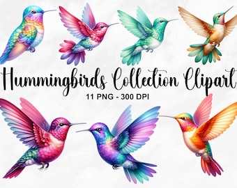May include: A collection of 11 digital clipart images of colorful hummingbirds. The hummingbirds are depicted in various poses with vibrant colors and intricate details. The images are high-resolution and perfect for crafting projects, scrapbooking, and digital design.