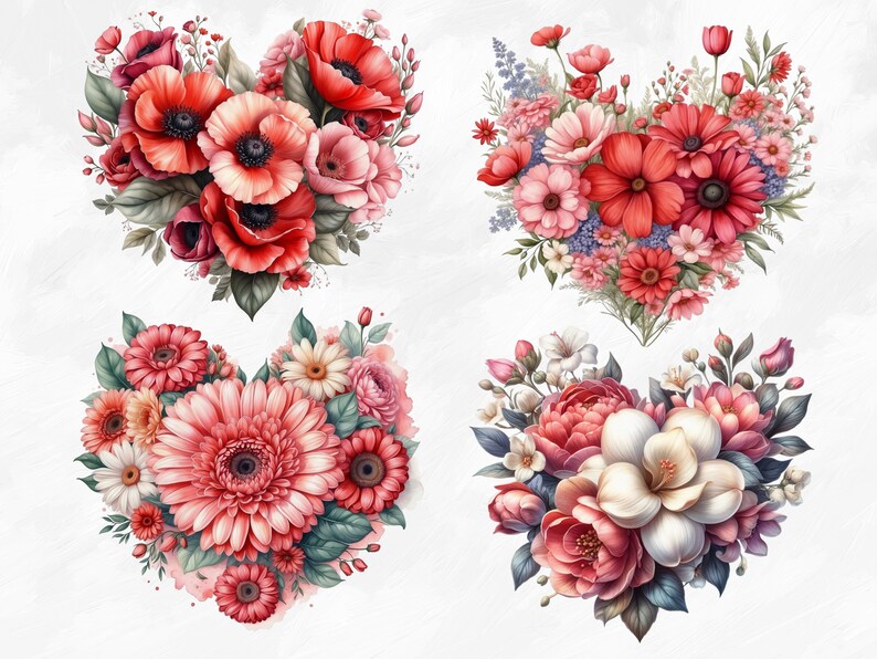Watercolor Heart Flower Wreath Clipart, 20 PNG Valentines Day Clipart ...