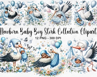 Watercolor Newborn Baby Boy Stork Collection Clipart, 12 PNG Stork Baby Boy Clipart, Stork Baby Clipart, Newborn Baby PNG, Commercial Use