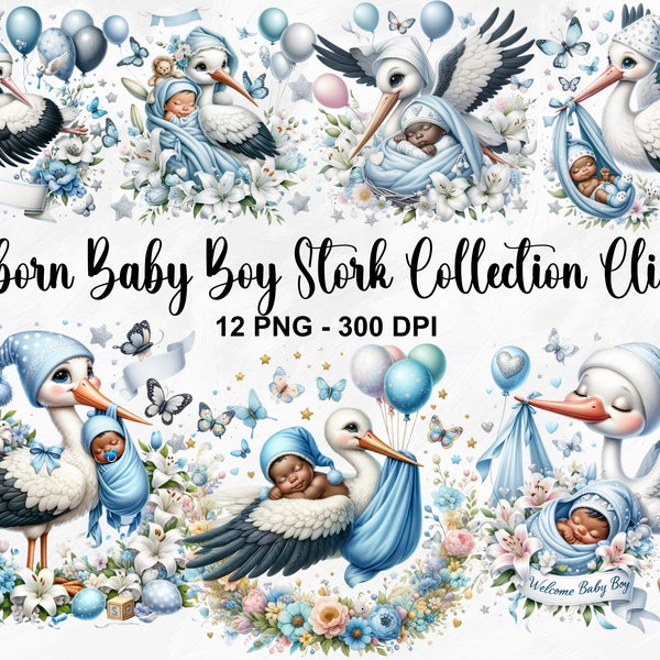 Watercolor Newborn Baby Boy Stork Collection Clipart, 12 PNG Stork Baby Boy Clipart, Stork Baby Clipart, Newborn Baby PNG, Commercial Use