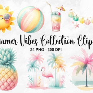 Acuarela Summer Vibes Collection Clipart, 24 PNG Summer Clipart, Pool Party PNG, Vacation Clipart, Beach Clipart Bundle, Uso comercial