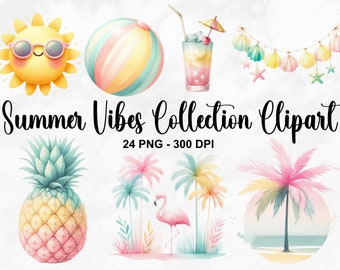 Watercolor Summer Vibes Collection Clipart, 24 PNG Summer Clipart, Pool Party PNG, Vacation Clipart, Beach Clipart Bundle, Commercial Use