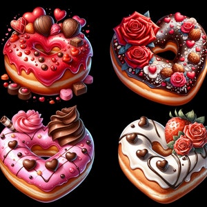 May include: Four heart-shaped donuts decorated with chocolate, sprinkles, and flowers. The donuts are pink, white, and brown.