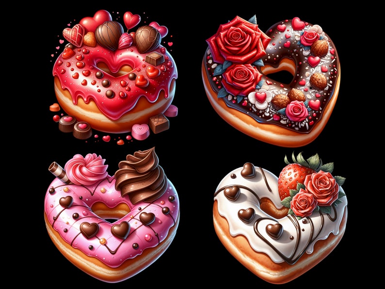 May include: Four heart-shaped donuts decorated with chocolate, sprinkles, and flowers. The donuts are pink, white, and brown.