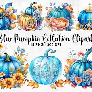Watercolor Blue Pumpkin Collection Clipart, 15 PNG Blue and Gold Pumpkin Clipart, Floral Pumpkin Graphics, Blue Pumpkin PNG, Commercial Use