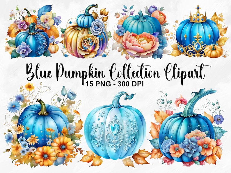 Watercolor Blue Pumpkin Collection Clipart, 15 PNG Blue and Gold ...