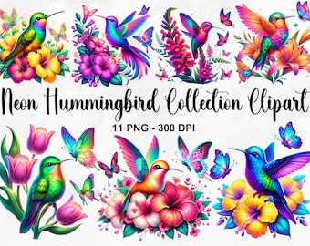 May include: A collection of 11 digital clipart images featuring vibrant neon hummingbirds with iridescent feathers perched on colorful flowers. The flowers include hibiscus, lilies, and tulips. The images are high-resolution and perfect for crafting projects, digital scrapbooking, and more.