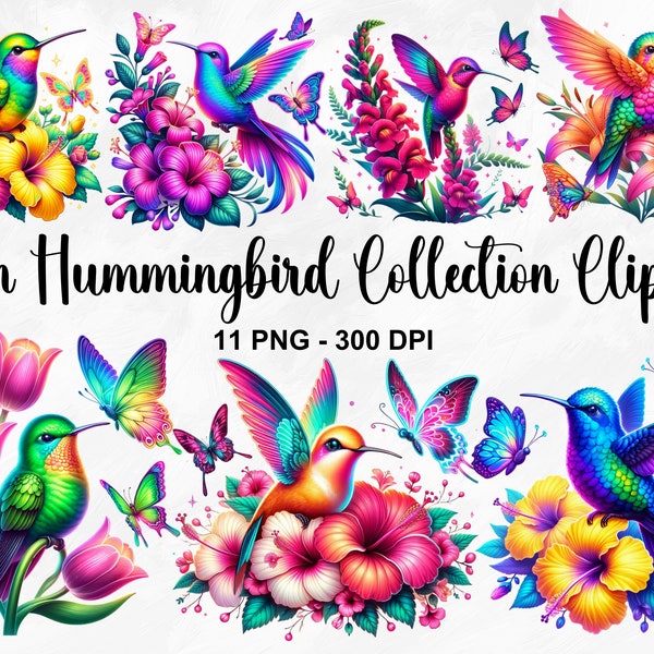 Watercolor Neon Hummingbird Collection Clipart, 11 PNG Hibiscus Clipart, Hummingbird PNG, Hummingbird Art, Nursery Wall Art, Commercial Use