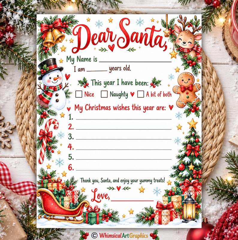 Dear Santa Letter Printable, Christmas Wish List for Kids, Holiday ...