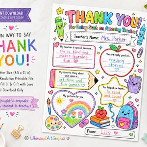 May include: A printable "Thank You" card for a teacher, featuring colorful text and illustrations. The design includes space for personalization, with prompts for the student to fill in. The card is US Letter size (8.5 x 11 inches).