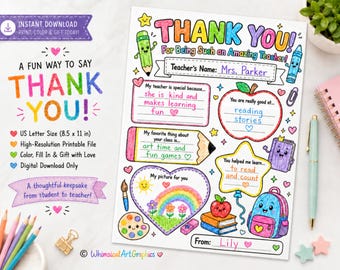 May include: A printable "Thank You" card for a teacher, featuring colorful text and illustrations. The design includes space for personalization, with prompts for the student to fill in. The card is US Letter size (8.5 x 11 inches).