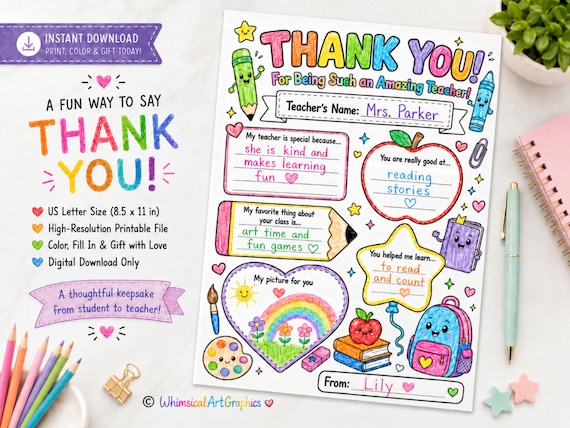 Teacher Appreciation Coloring Page Printable Thank You Teacher Worksheet End of School Year Gift From Student Kids Fill In Card Download DIY