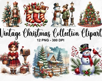 Watercolor Vintage Christmas Collection Clipart, 12 PNG Christmas Clipart, Painted Christmas Clipart, Christmas Illustration, Commercial Use