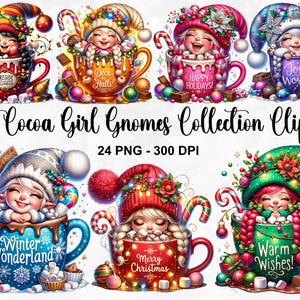 Acuarela Hot Cocoa Girl Gnomes Clipart, 24 PNG Christmas Gnome Clipart, Gráficos de gnomos acogedores, Imprimibles de chocolate caliente, Uso comercial