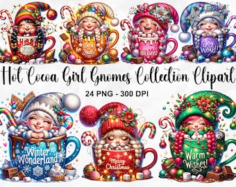 May include: A digital clipart collection of 8 gnomes, each wearing a different colored hat and holding a mug of hot cocoa. The mugs are decorated with winter-themed designs and text, such as "Fireside Delights", "Deck the Halls", "Happy Holidays", "Joy World", "Winter Wonderland", "Merry Christmas", and "Warm Wishes".