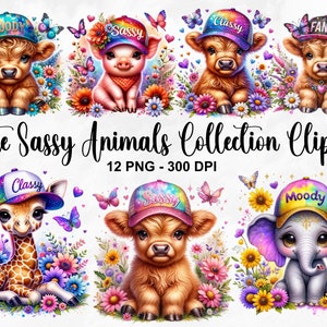 Coleção de animais fofos e atrevidos em aquarela, clipart, 12 clipart de animais de safári em PNG, clipart de animais fofos e rabugentos, estampa de vaca em PNG, uso comercial