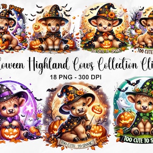 水彩ハロウィーン ハイランド牛のクリップアート、18 PNG ハロウィーン クリップアート、かわいすぎて怖い PNG、キッズ ハロウィーン、ハロウィーンの牛、商用利用