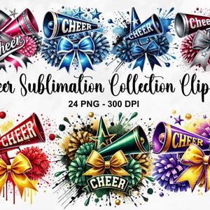 Watercolor Cheer Sublimation Collection Clipart, 24 PNG Sports Clipart, Cheerleading Design, Cheer PNG Bundle, Sports PNG, Commercial Use