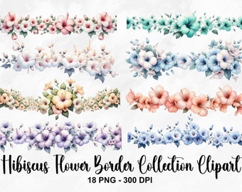 May include: A collection of 18 digital clipart images featuring watercolor hibiscus flower borders in various colors, including pink, blue, yellow, and purple.  The images are 300 DPI and perfect for adding a tropical touch to your designs.