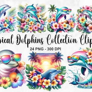 Aquarelle Dauphins Tropicaux Collection Clipart, 24 PNG Clipart animaux marins, Dauphins Clipart, Bundle de cliparts Dauphin, usage Commercial