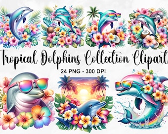 Watercolor Tropical Dolphins Collection Clipart, 24 PNG Sea Animal Clipart, Dolphin Clipart, Dolphin Clipart Bundle, Commercial Use