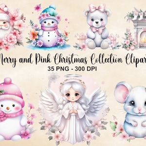Watercolor Merry and Pink Christmas Collection Clipart, 35 PNG Pink Christmas Clipart, Cottagecore Winter Clipart Bundle, Commercial Use