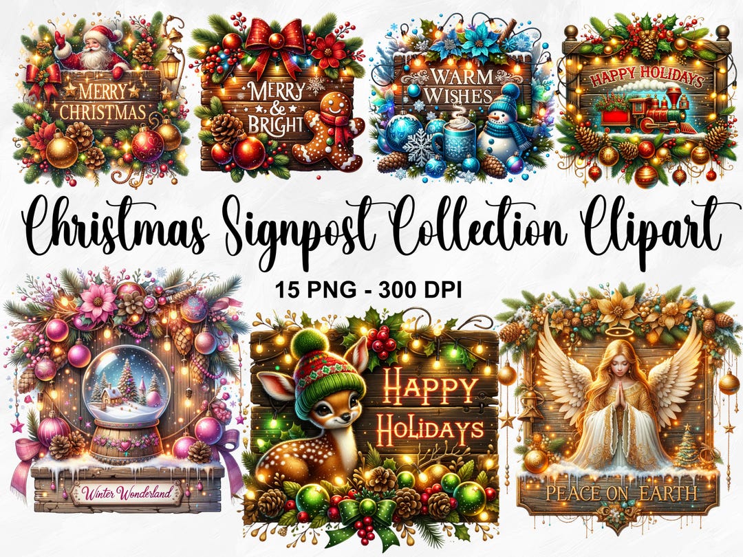 Watercolor Christmas Signpost Collection Clipart, 15 PNG Christmas ...