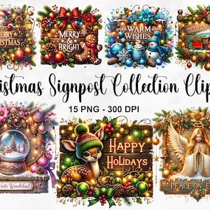 Aquarell Weihnachtswegweiser Sammlung Clipart, 15 PNG Weihnachtscliparts, Festliche Kunst, Holzschilder Clipart, Weihnachten PNG, kommerzielle Nutzung