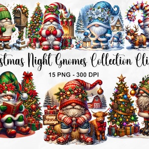Aquarelle de Noël nuit gnomes Collection des cliparts, 15 PNG Noël Clipart, Clipart de nain de Noël, gnomes d'hiver PNG, usage Commercial