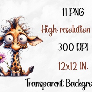 May include: A cartoon giraffe with large eyes and a pink flower. The giraffe is sitting down with its legs crossed. The background is white. 11 PNG High resolution files 300 DPI 12x12 IN. Transparent Background