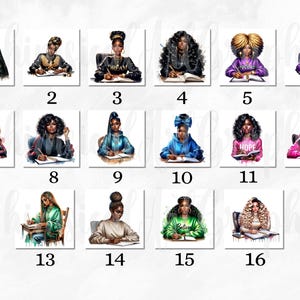 May include: A set of 16 digital illustrations featuring Black women with different hairstyles and outfits, each holding a notebook and pen. The women are depicted in various poses and expressions, some wearing glasses and others with jewellery. The illustrations are in a colourful and vibrant style.