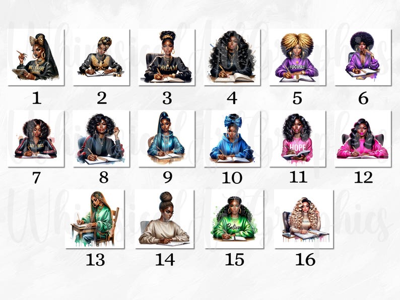 May include: A set of 16 digital illustrations featuring Black women with different hairstyles and outfits, each holding a notebook and pen. The women are depicted in various poses and expressions, some wearing glasses and others with jewellery. The illustrations are in a colourful and vibrant style.