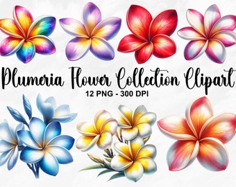 May include: A collection of 12 digital illustrations of plumeria flowers in various colors, including pink, red, yellow, blue, and white. The flowers are depicted in a realistic style with intricate details.