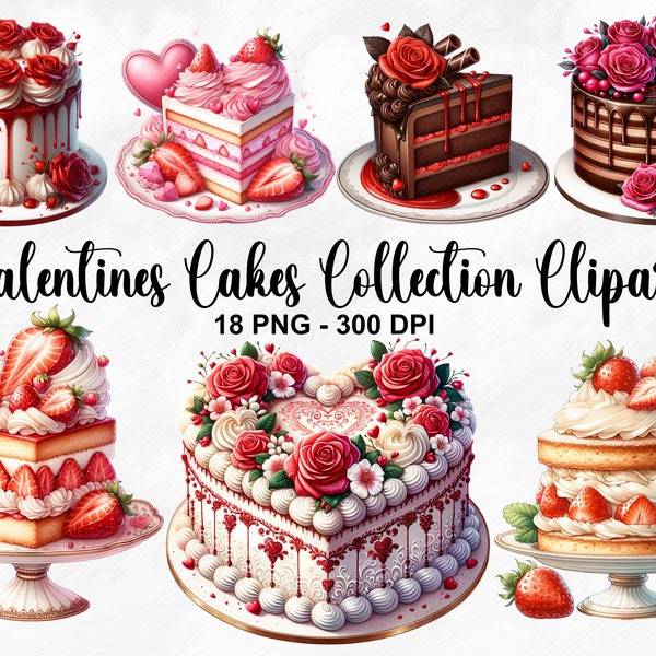 Watercolor Valentines Cakes Clipart, 18 PNG Valentines Day Clipart, Baking Clipart, Desserts Clipart, Cakes Clipart, Commercial Use