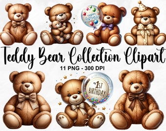 Acuarela Teddy Bear Collection Clipart, 11 PNG Teddy Bear Clipart, Teddy Bear Baby Shower Clipart, Baby Bear PNG, Uso comercial