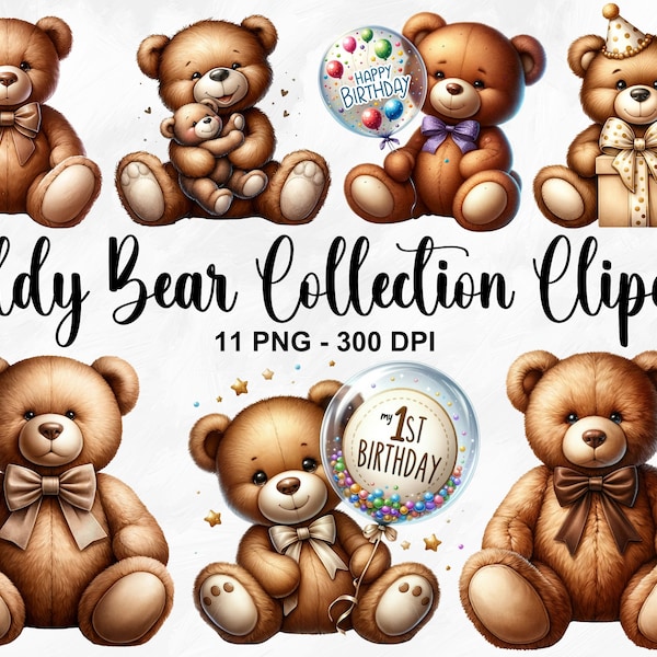 Akwarela Teddy Bear Collection clipart, 11 PNG Teddy Bear clipart, Teddy Bear Baby Shower clipart, Baby Bear PNG, wykorzystanie komercyjne