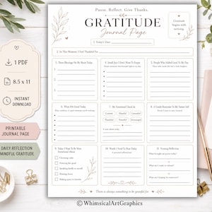 May include: A white gratitude journal page with black text and line drawings of leaves. The document includes sections for daily reflections, blessings, and affirmations. It is labeled 8.5 x 11 inches and includes a PDF download icon.