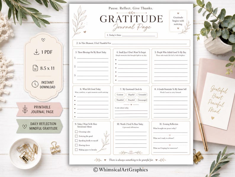 May include: A white gratitude journal page with black text and line drawings of leaves. The document includes sections for daily reflections, blessings, and affirmations. It is labeled 8.5 x 11 inches and includes a PDF download icon.