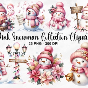 Acuarela rosa muñeco de nieve colección clipart, 26 PNG festivo muñeco de nieve clipart, Navidad rosa, lindo muñeco de nieve clipart, uso comercial