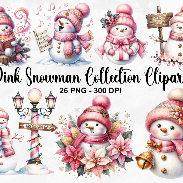 Watercolor Pink Snowman Collection Clipart, 26 PNG Festive Snowman Clipart, Pink Christmas, Cute Snowman Clipart, Commercial Use