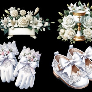 May include: White lace gloves with a white satin bow and floral embellishments, a white chalice with a gold trim and a cross, and white shoes with lace and satin bows.