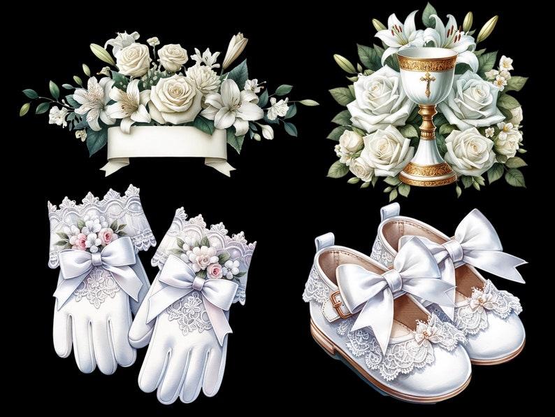 May include: White lace gloves with a white satin bow and floral embellishments, a white chalice with a gold trim and a cross, and white shoes with lace and satin bows.