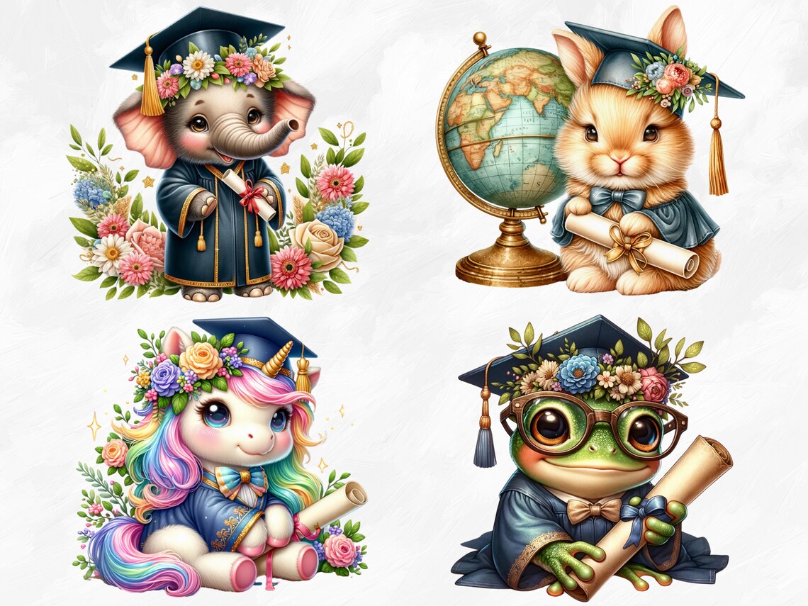 Watercolor Cute Graduation Animals Clipart, 20 PNG Teddy Bear Clipart ...
