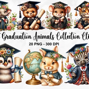Może przedstawiać: Zestaw 20 cyfrowych obraz&oacute;w clipart przedstawiających urocze zwierzęta ubrane w czapki i szaty absolwent&oacute;w. Zwierzęta obejmują pingwina, kr&oacute;lika, zebrę, mysz, tygrysa i słonia. Każde zwierzę trzyma dyplom i jest otoczone kwiatami. Obrazy idealnie nadają się do tworzenia zaproszeń, kartek i innych prac ręcznych.