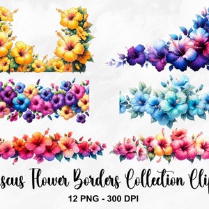 Aquarell Hibiskus Blume Ränder Clipart, 12 PNG Sommer Blumen Clipart, Hibiskus-Blume, Blumenrand, tropische Blume, kommerzielle Nutzung